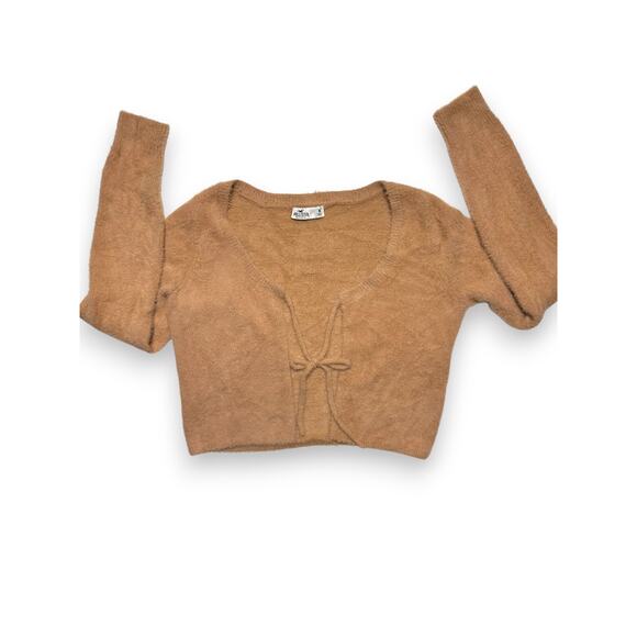 Hollister Camel Tan Fuzzy Tie-Front Cropped Cardigan Size Medium - Picture 3 of 10